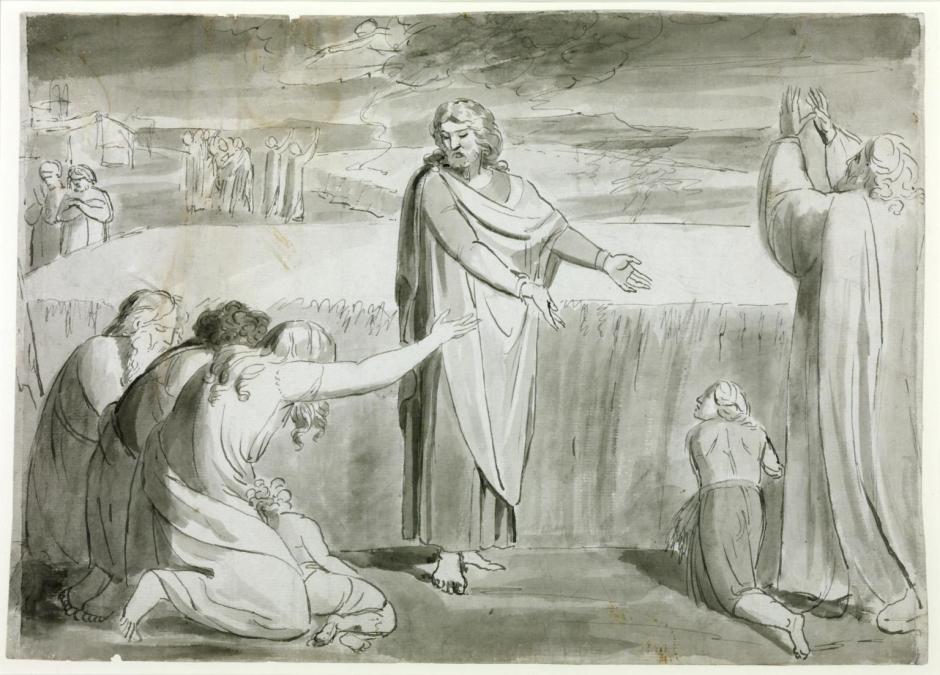 The Good Farmer, Probably the Parable of the Wheat and the Tares. Verso: Rough Sketch of Two or Three Figures in a Landscape c.1780-5 by William Blake 1757-1827