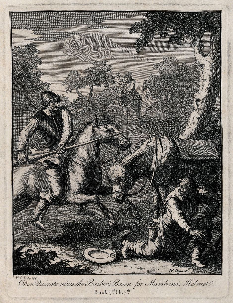V0049161 Don Quixote with a lance riding a horse attacks a barber. En